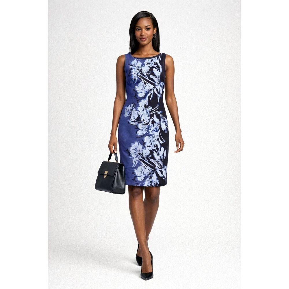 Lafayette 148 Womens Blue Embroidered Floral Shift Lined Sleeveless Mini Dress S